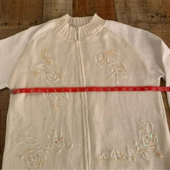 Habana cream zip up grandma core cardigan sweater with sequins medium petite - Picture 2 of 8